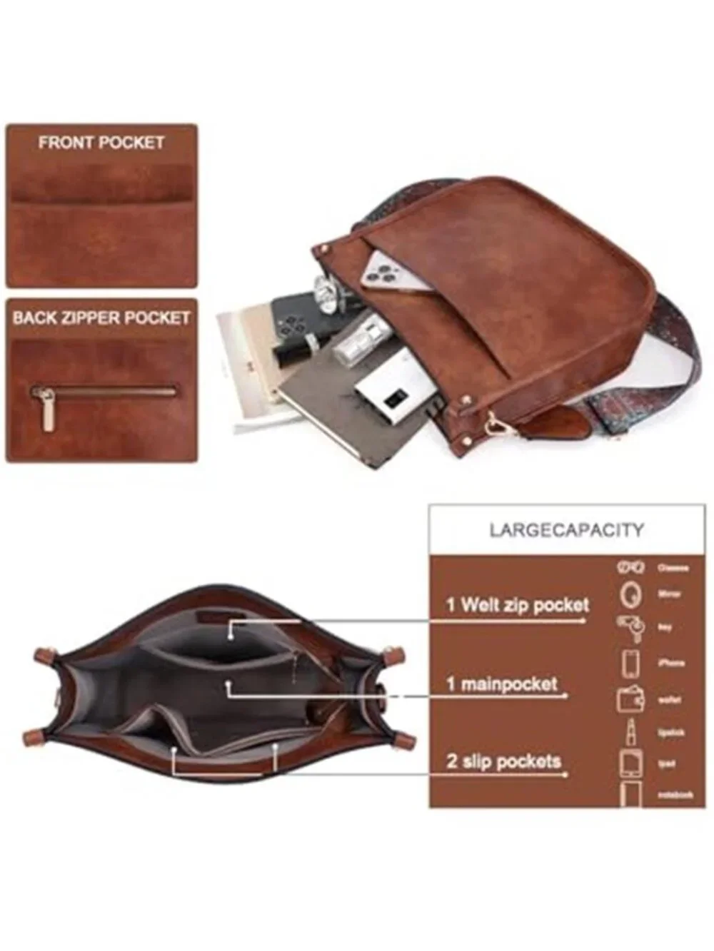 Womens Vegan Leather Hobo Crossbody Bag Shoulder Purse Boho Strap Large Tote